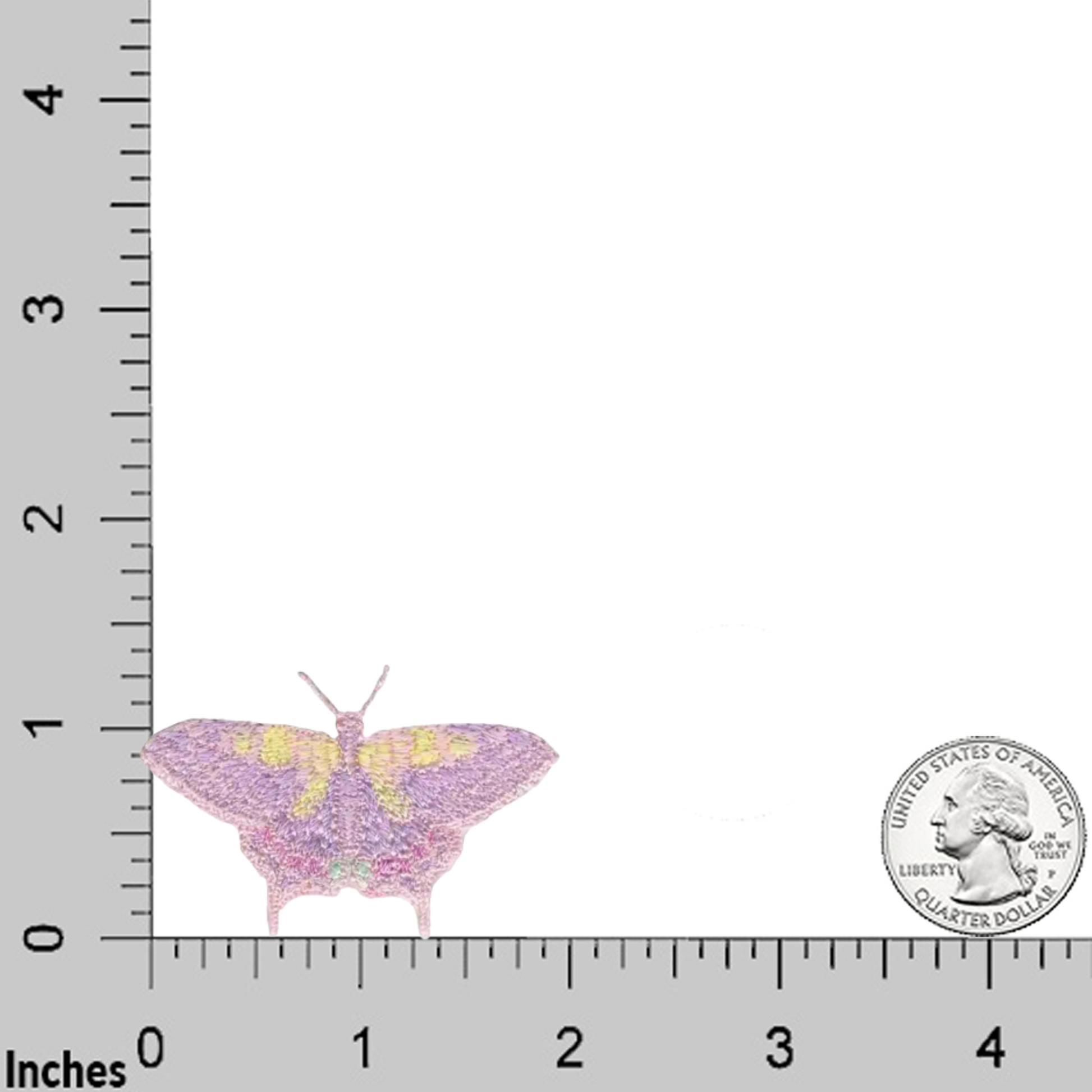 A set of three small Light Pink Old World Swallowtail Butterfly iron-on patches by Laughing Lizards is shown next to a U.S. quarter for size—ideal for unique clothing accessories and decoration.