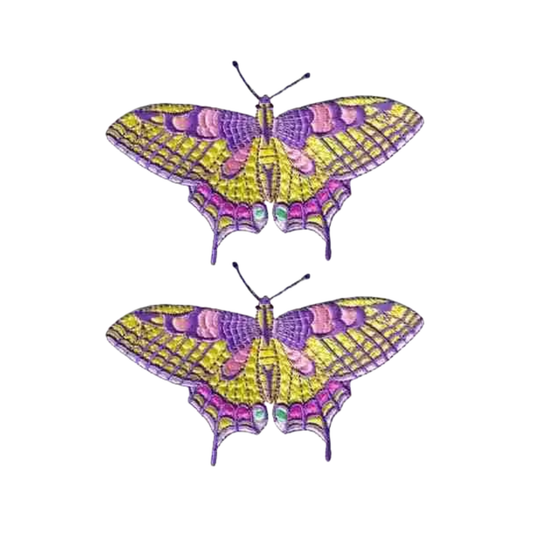 The LaughingLizards Large Pastel Swallowtail Butterfly (2 Pack) Iron On Patch features two identical yellow and purple embroidered butterflies displayed on a white background.