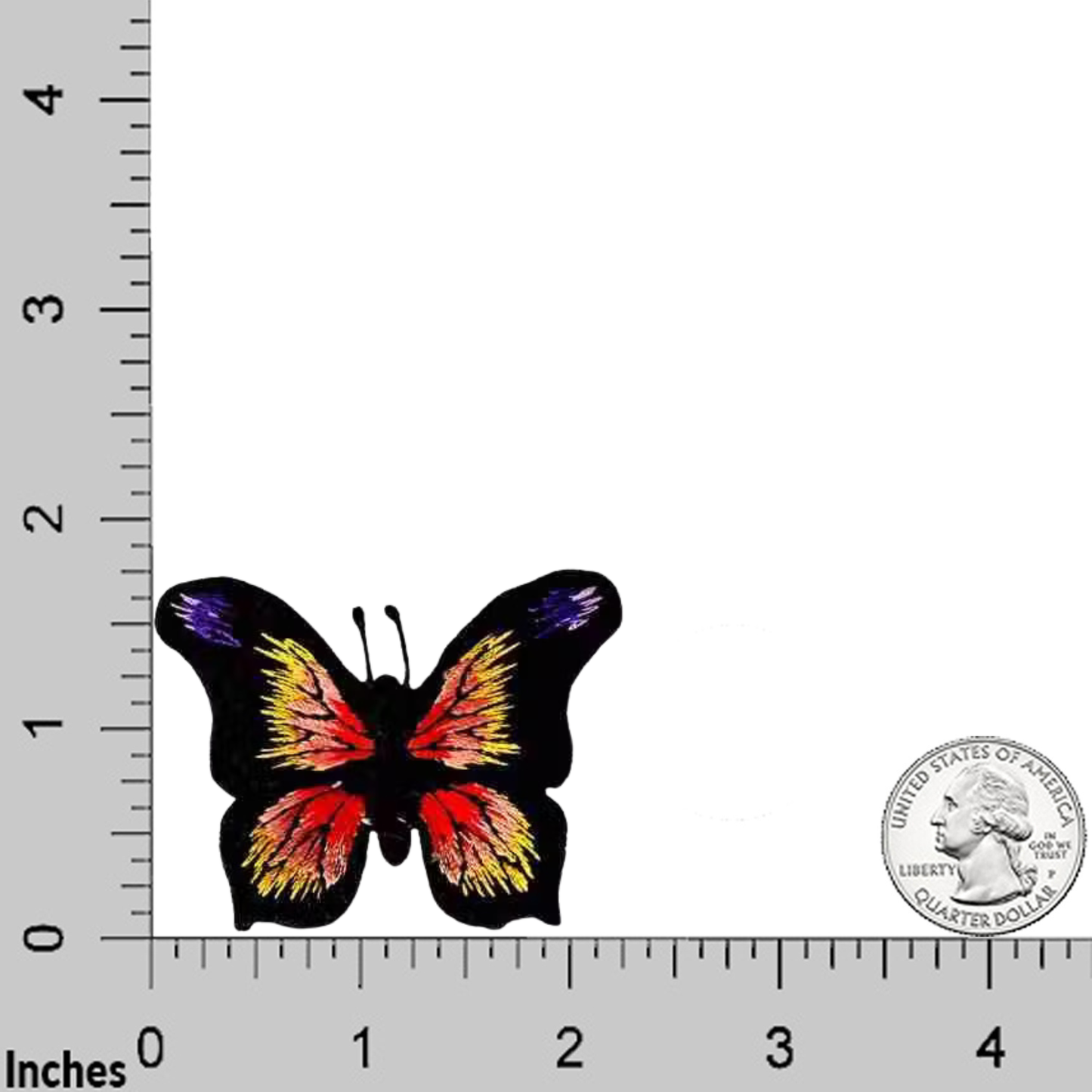 The LaughingLizards Black, Yellow & Orange Butterfly (3 Pack) Iron On Patch is shown beside a U.S. quarter on a square grid with inch markings for size reference.