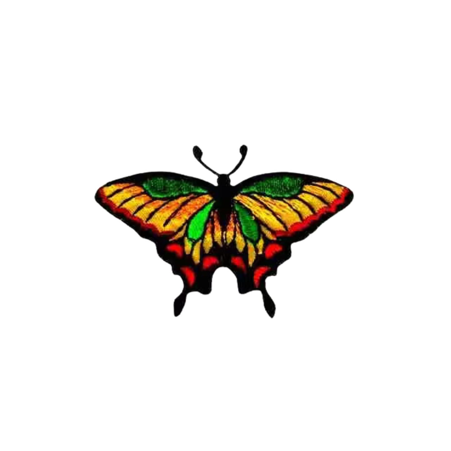 The LaughingLizards Brightly Colored Swallowtail Butterfly (3 Pack) Iron On Patch features detailed yellow, green, orange, and red wings outlined in black, shown on a white background as a vibrant embroidered patch.