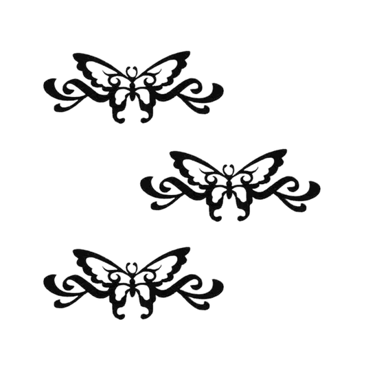 The Laughing Lizards Black Cutout Silhouette Butterfly (3-Pack) Iron On Patch features three matching butterfly patches with decorative swirls, ideal for adding a stylish accent to any fabric project.