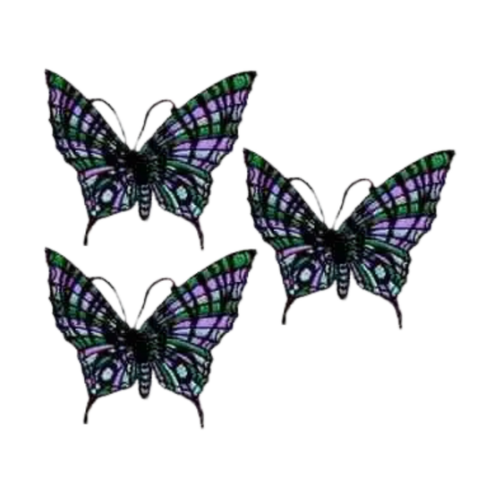 The Cool Colors Embroidered Butterfly (3-Pack) Iron On Patch by Laughing Lizards features intricately patterned green, purple, and black butterflies—perfect for adding unique style to your clothing or accessories.