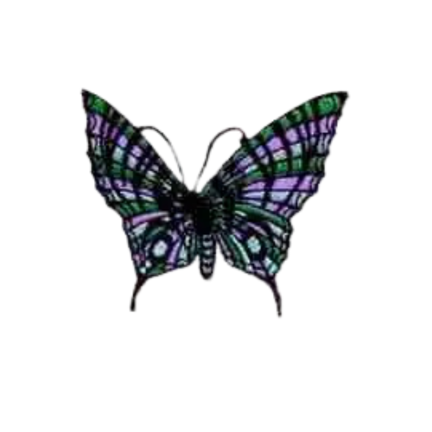The Laughing Lizards Cool Colors Embroidered Butterfly Iron On Patch 3-pack features green, purple, and black wings—ideal for decorating clothing and accessories.