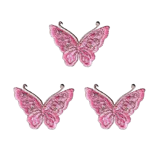 The LaughingLizards Gold Thread Butterfly (3-Pack) Iron On Patch in pink features three embroidered butterflies, perfect for decorating clothing or using as iron-on patches.