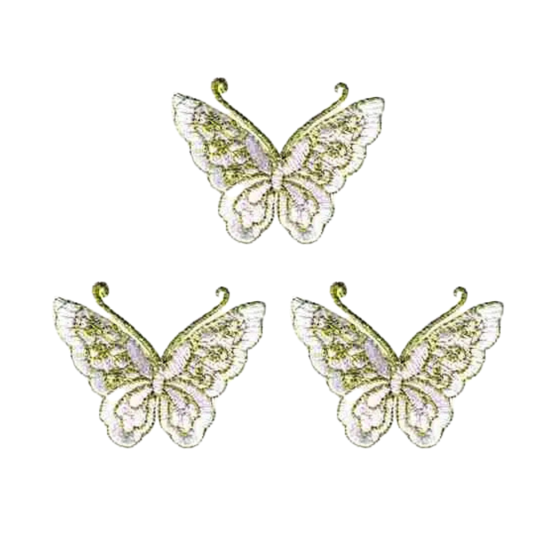 Three intricately designed LaughingLizards Gold Thread Butterfly Iron On Patches (3-Pack, Pink) are arranged on a white background—perfect for adding unique decoration to clothing.