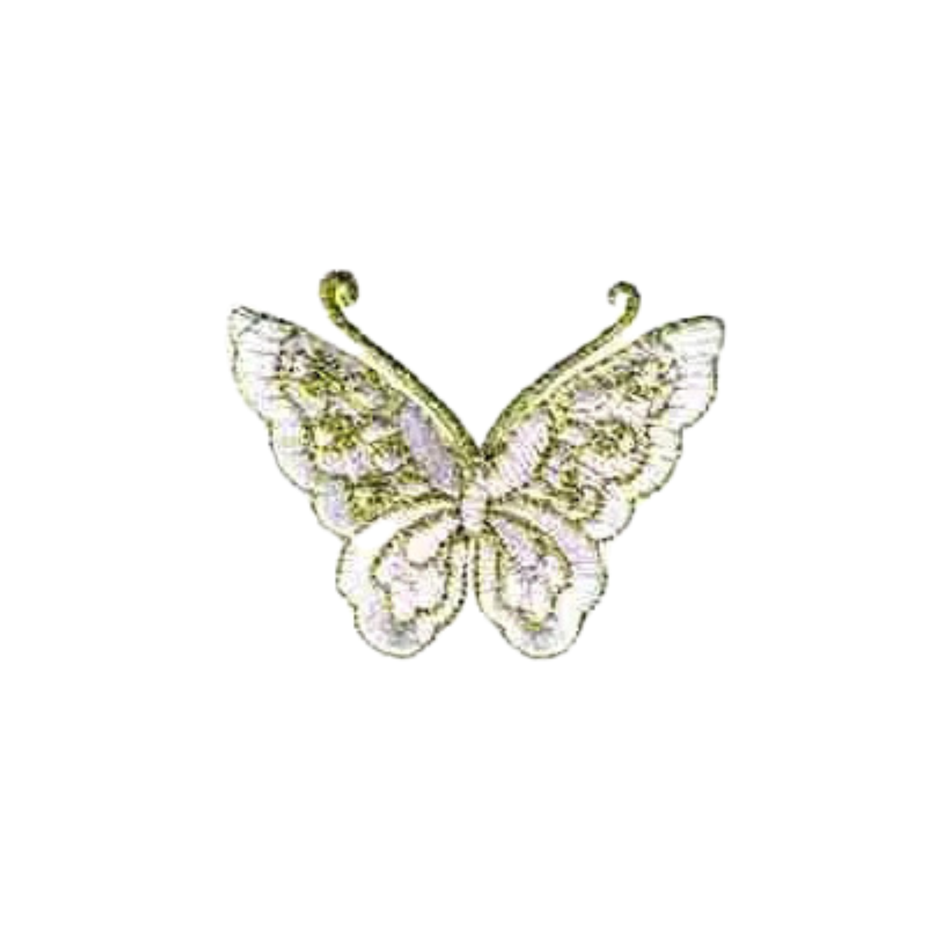 The LaughingLizards Gold Thread Butterfly (3-Pack) Iron On Patch in pink features embroidered white and gold detailing and is perfect for adding unique style to clothing.