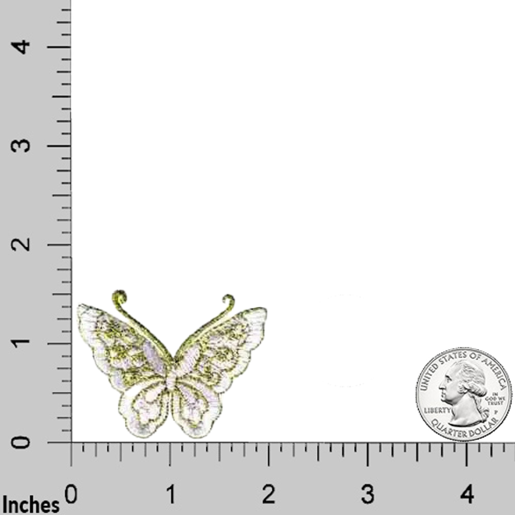 The LaughingLizards Gold Thread Butterfly (3-Pack) Iron On Patch in pink is shown embroidered near a U.S. quarter and inch ruler for size reference—ideal for adding decorative flair to clothing.