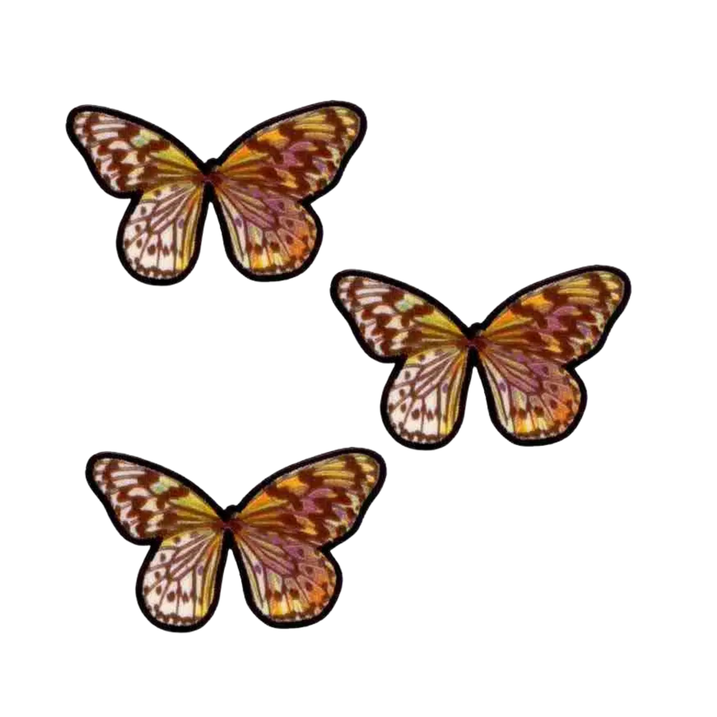 The Laughing Lizards Multi-Colored Sublimated Butterfly Iron On Patch 3-Pack features vibrant embroidered patches, arranged in a triangle on a white background—perfect for decorating clothing or accessories.