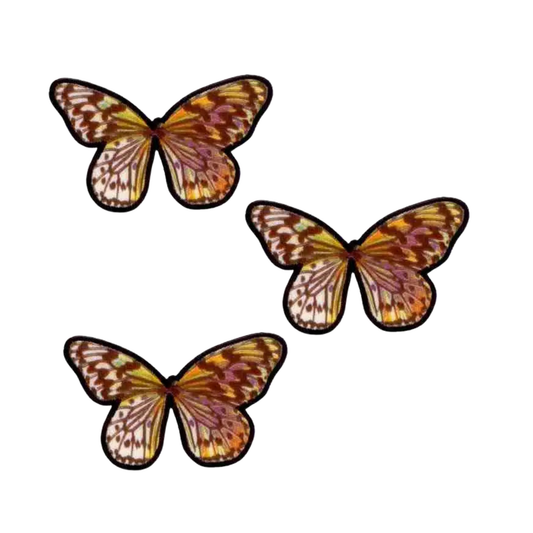 The Laughing Lizards Multi-Colored Sublimated Butterfly Iron On Patch 3-Pack features vibrant embroidered patches, arranged in a triangle on a white background—perfect for decorating clothing or accessories.