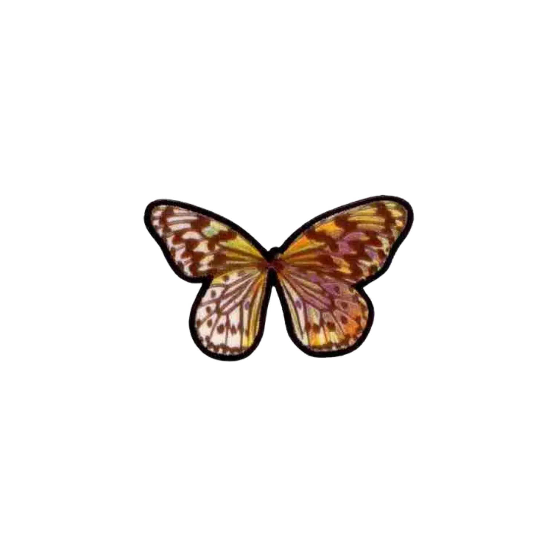 The Laughing Lizards Multi-Colored Sublimated Butterfly (3-Pack) Iron On Patch features vibrant orange, yellow, and brown wings—perfect for decorating clothing or accessories.