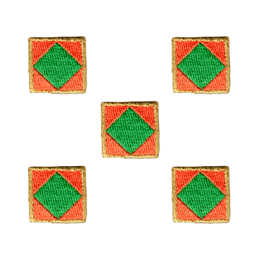 Laughing Lizards Nautical Flag Orange with Green Diamond Colorful (5-Pack) Embroidered Iron On Patches feature gold-outlined flags with green centers and orange corners—ideal marine decor for jackets, bags, or boat accessories.