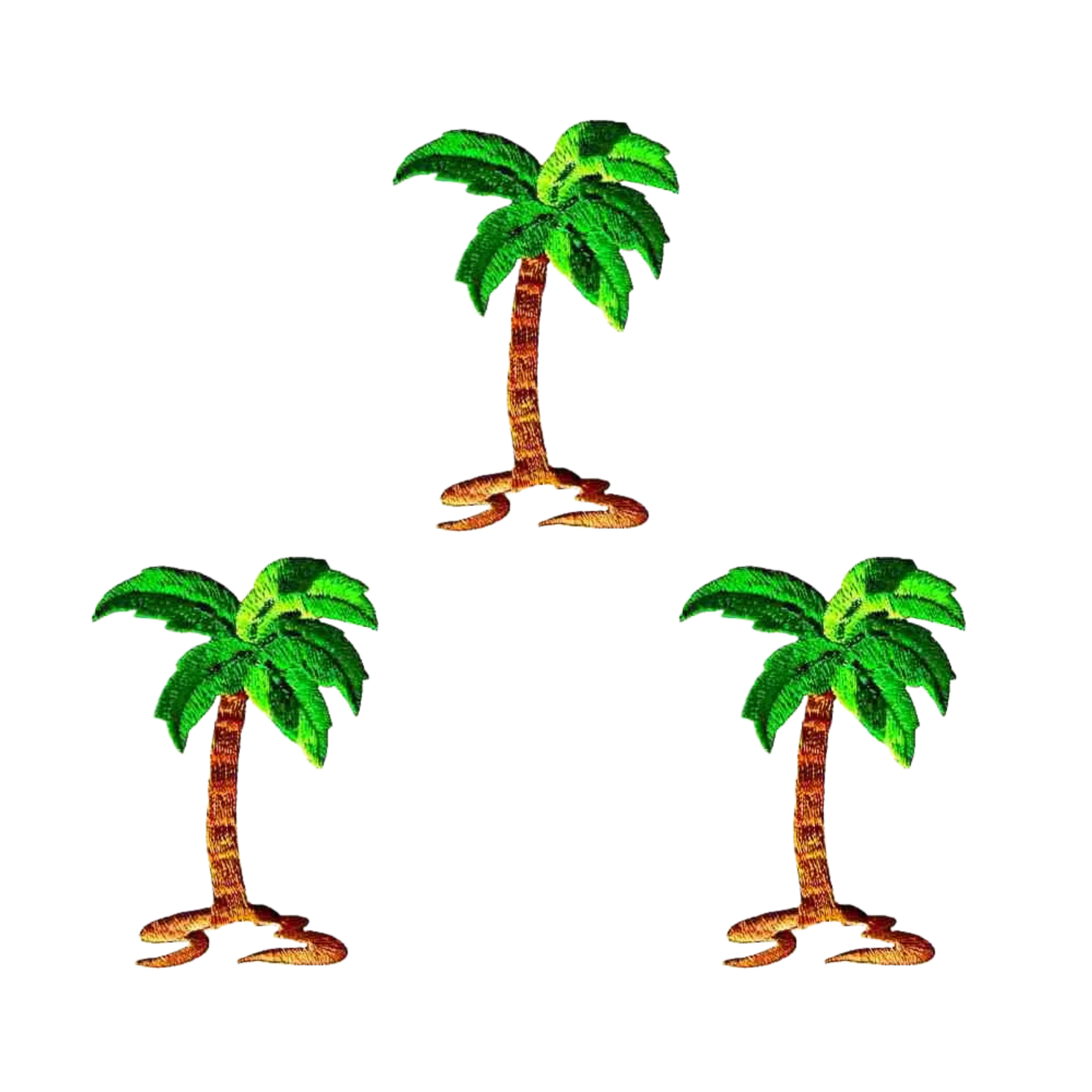 The LaughingLizards Med. Single Glitter Palm Tree Tropical (3-Pack) Iron On Patch features three glittery palm trees with metallic green leaves and brown trunks on white—perfect for your next DIY craft project.