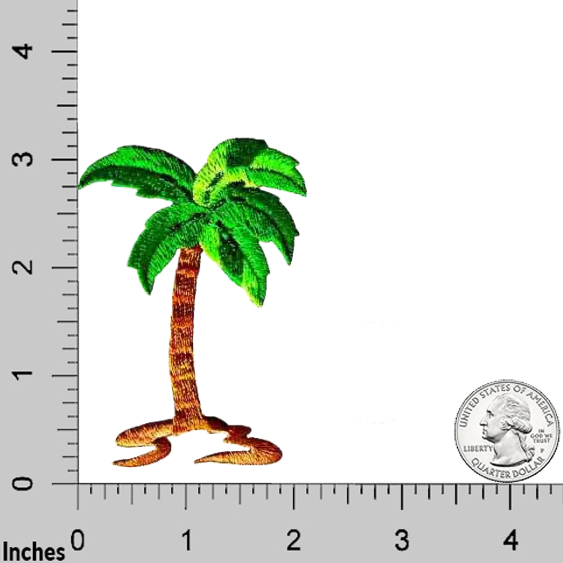 LaughingLizards Med. Single Glitter Palm Tree Tropical Iron On Patch (3-Pack), shown beside a U.S. quarter and ruler for scale, features metallic green leaves—great for DIY craft projects.