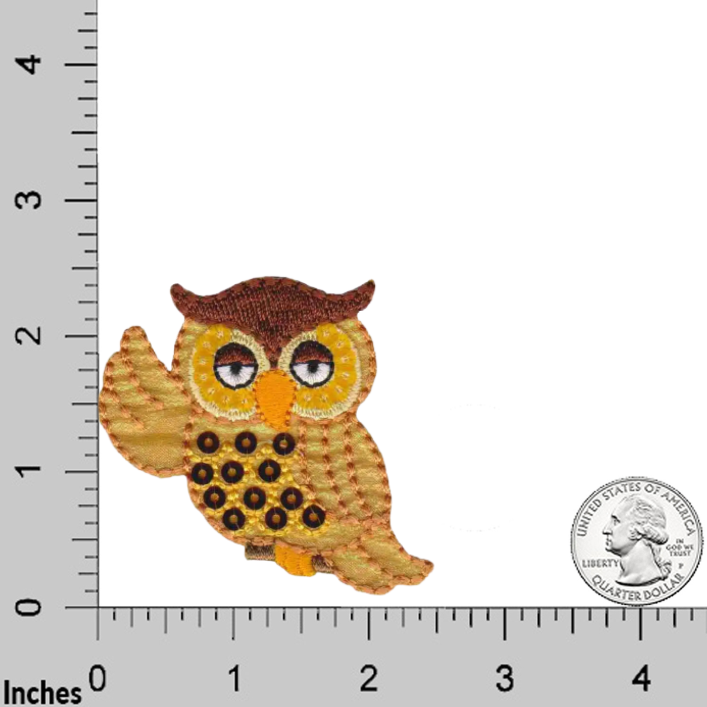 The Shimmering Owl with Sequins (2-Pack) Iron on Patch by Laughing Lizards, sized next to a ruler and U.S. quarter, makes a fun kids’ accessory or unique decor for clothes and bags.