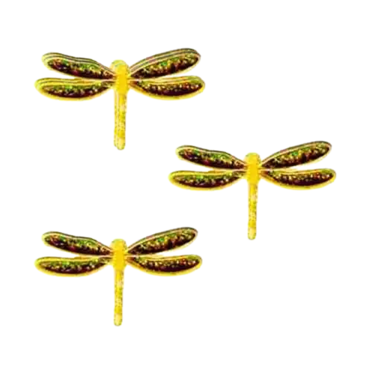 The Laughing Lizards Iridescent Sparkle Yellow Dragonfly Insect Iron On Patch 3-Pack features vibrant yellow bodies and green-tinted wings, perfect for glittery dragonfly appliques or rainbow embellishments on a crisp white background.