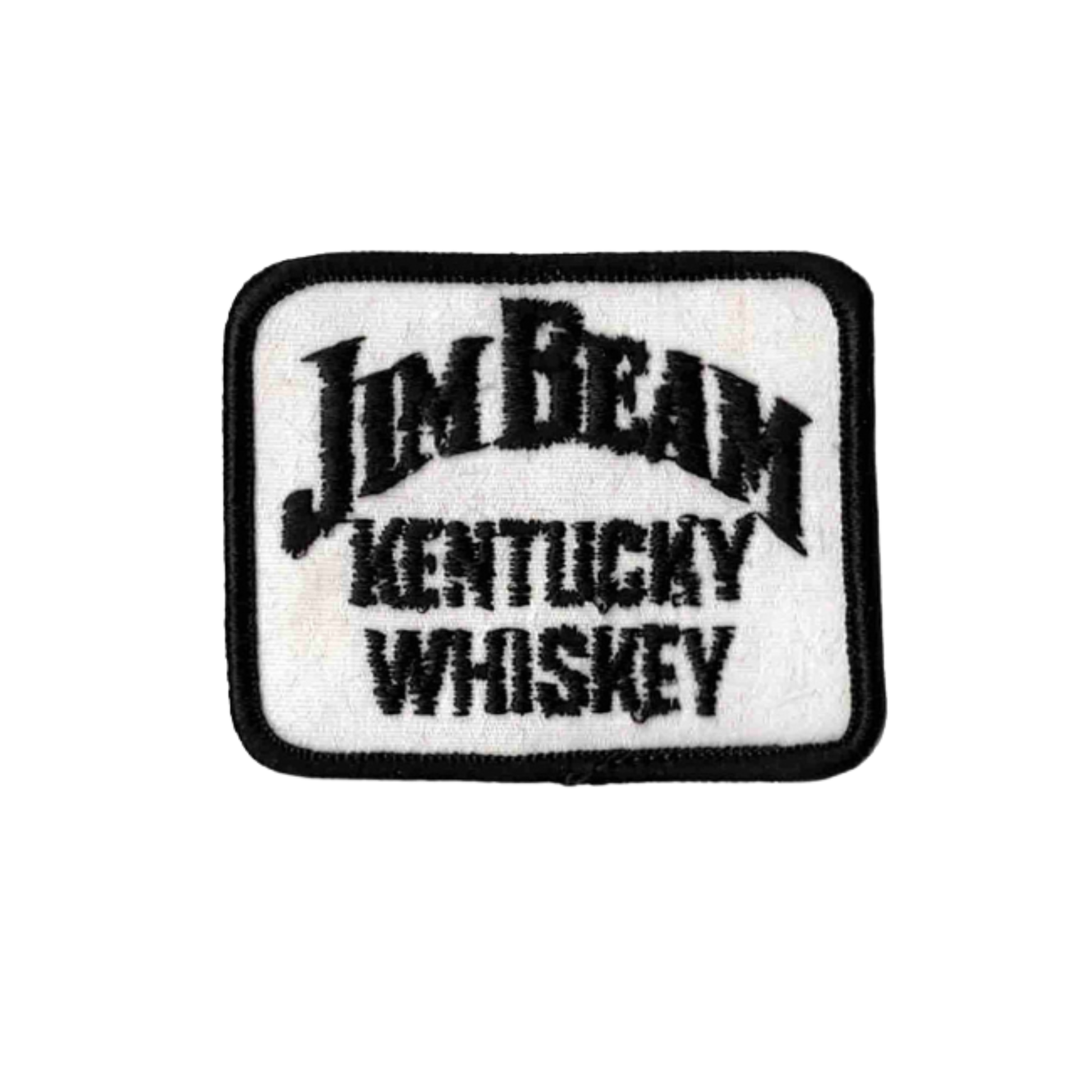 The Laughing Lizards Jim Beam Kentucky Whiskey (3-Pack) Iron on Patch features a rectangular design with black trim and "Jim Beam Kentucky Whiskey" in black text on a white background.