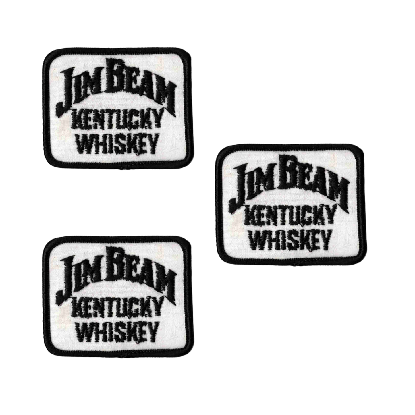 The Laughing Lizards Jim Beam Kentucky Whiskey (3-Pack) Iron on Patch features three rectangular patches with "Jim Beam Kentucky Whiskey" embroidered in black on a white background, each with a black border.
