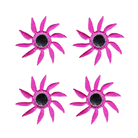 LaughingLizards Mirrored Spiral Flower (4-Pack) Iron On Patch in pink features four identical flower shapes, perfect for decorating children's clothes or handmade crafts—great as embroidered patches for creative projects.
