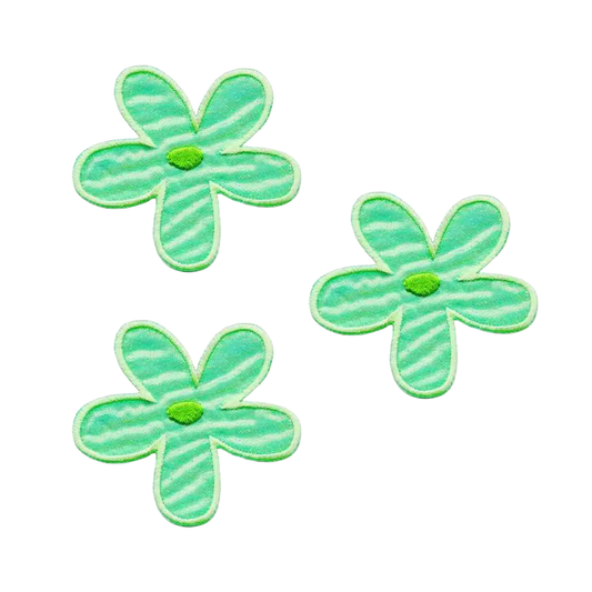 The Laughing Lizards Hippie Iridescent Flower in GREEN 60's Iron On Patch (3-Pack) features three stylized flowers with light green stripes and yellow centers on a white background, perfect for adding a playful retro touch to any project.