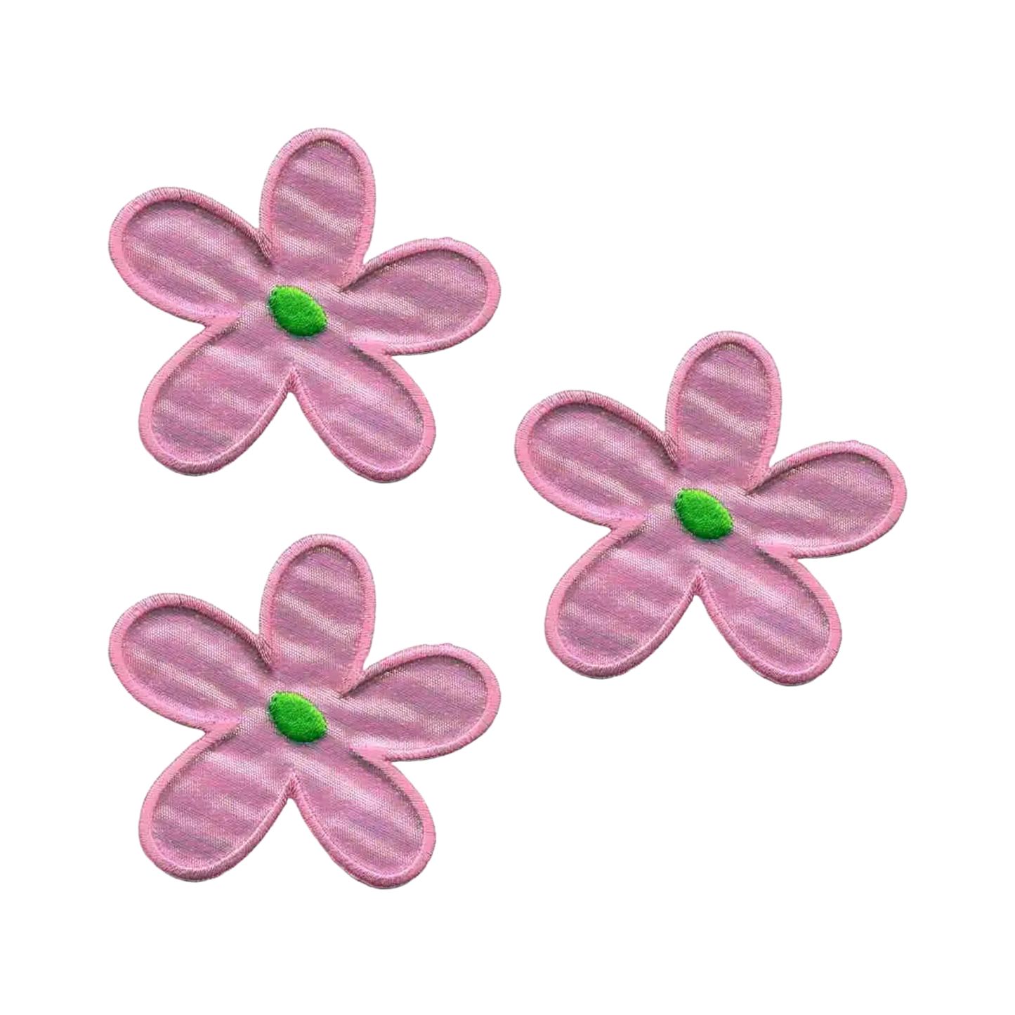 Three pink, five-petaled Hippie Iridescent Flower in PINK Sixties embroidered patches by Laughing Lizards (3-Pack) are arranged on a white background.
