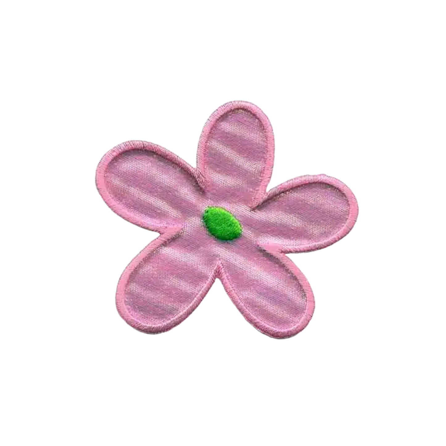 The Laughing Lizards Hippie Iridescent Flower in PINK Sixties Iron On Patch (3-Pack) features a five-petal pink embroidered flower with a green center, perfect for adding retro style.