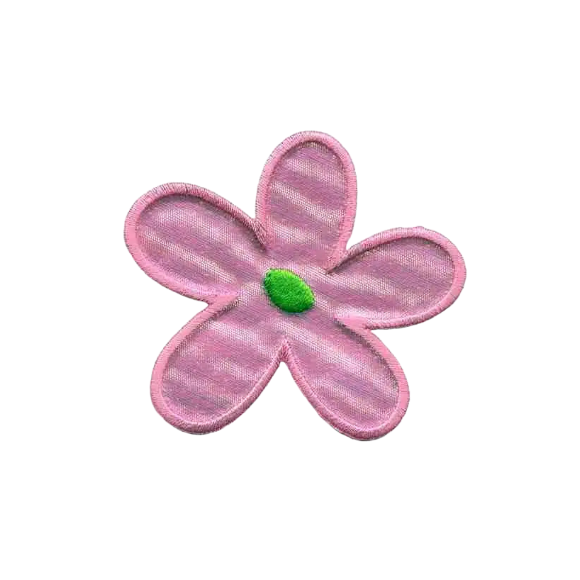 The Laughing Lizards Hippie Iridescent Flower in PINK Sixties Iron On Patch (3-Pack) features a five-petal pink embroidered flower with a green center, perfect for adding retro style.