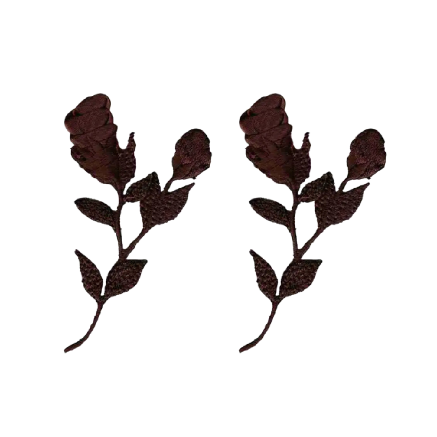 The image displays two Laughing Lizards Small Chiffon Roses Floral Iron On Patches (2-Pack, Brown), each featuring a blooming rose with a stem and leaves, shown on a white background.