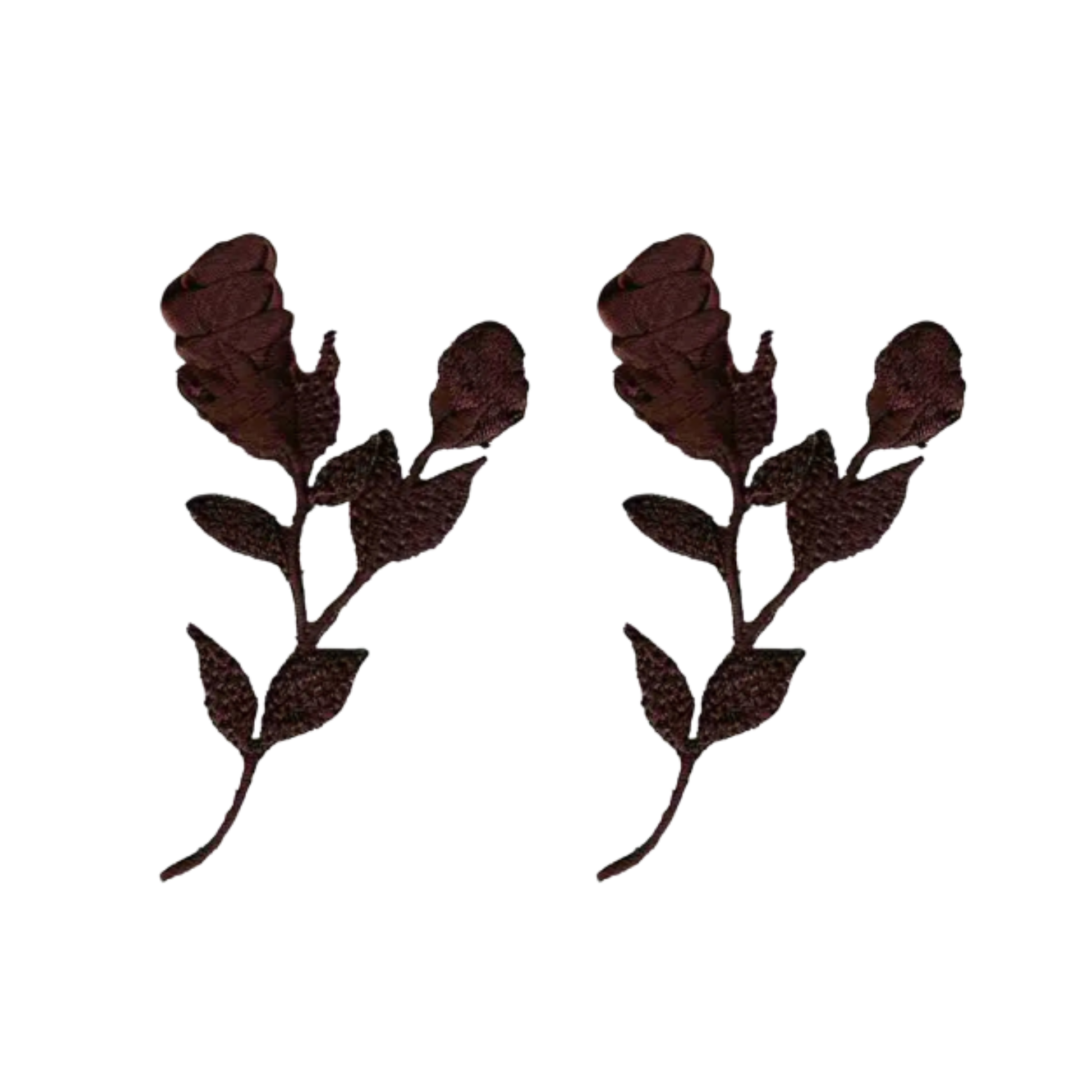 The image displays two Laughing Lizards Small Chiffon Roses Floral Iron On Patches (2-Pack, Brown), each featuring a blooming rose with a stem and leaves, shown on a white background.