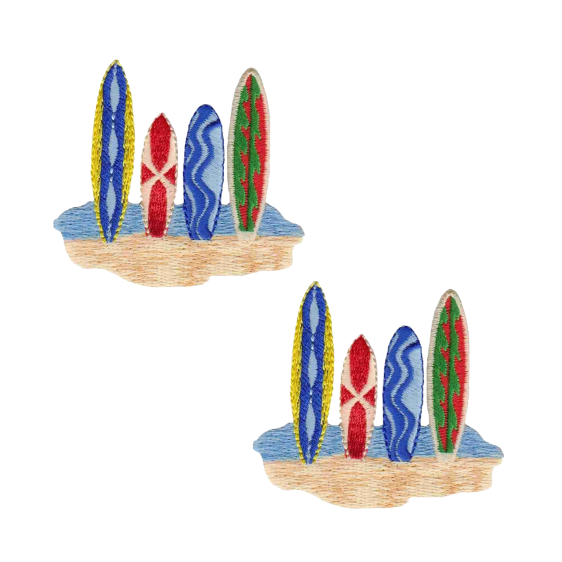 The Laughing Lizards Surfboards in Sand (2-Pack) Iron On Patch features four colorful surfboards upright on sand by blue water—perfect as a tropical applique or for your patch collection.