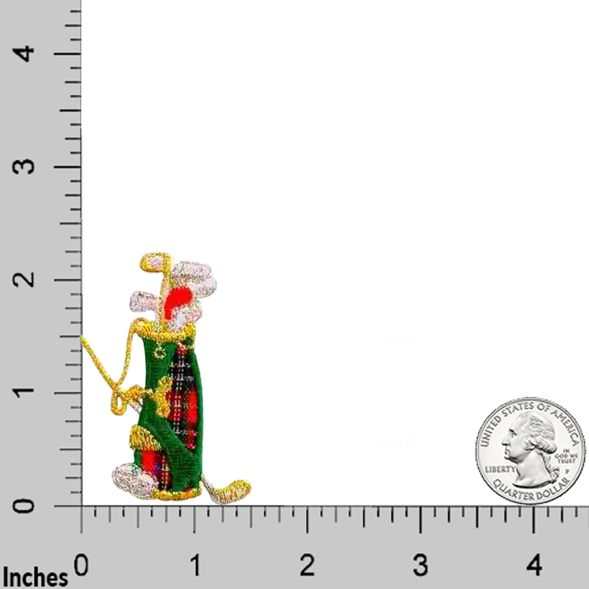 The Laughing Lizards Plaid Golf Bag of Clubs Iron On Sports Patch (2-Pack) measures about 1.5" tall, shown beside a U.S. quarter and ruler for scale; perfect for decorating jackets or bags with this small embroidered patch.