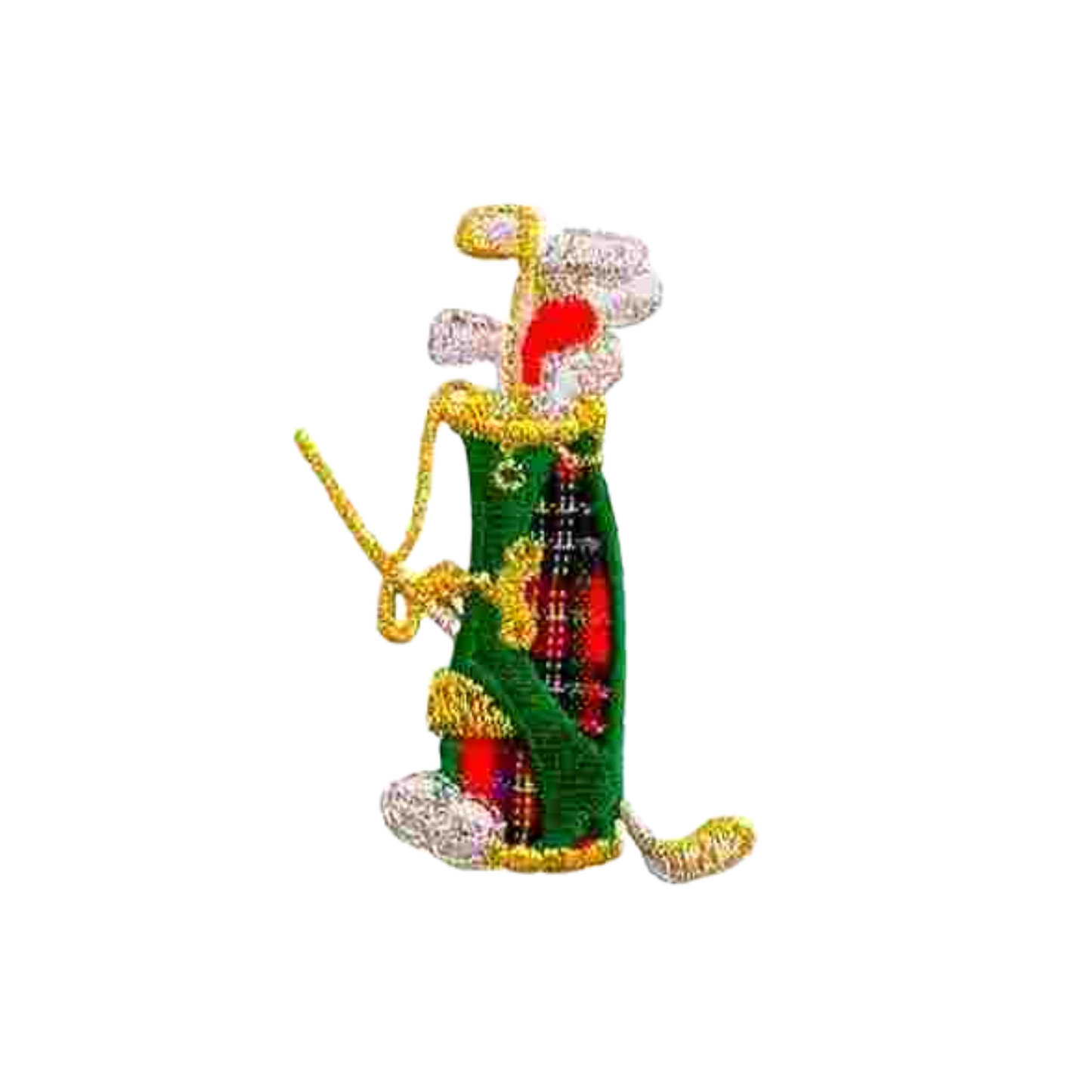 The Laughing Lizards Plaid Golf Bag of Clubs (2-Pack) Iron On Sports Patch features green and red embroidery, detailed golf clubs, and a gold club—perfect for decorating clothing. Patch is shown isolated on a white background.
