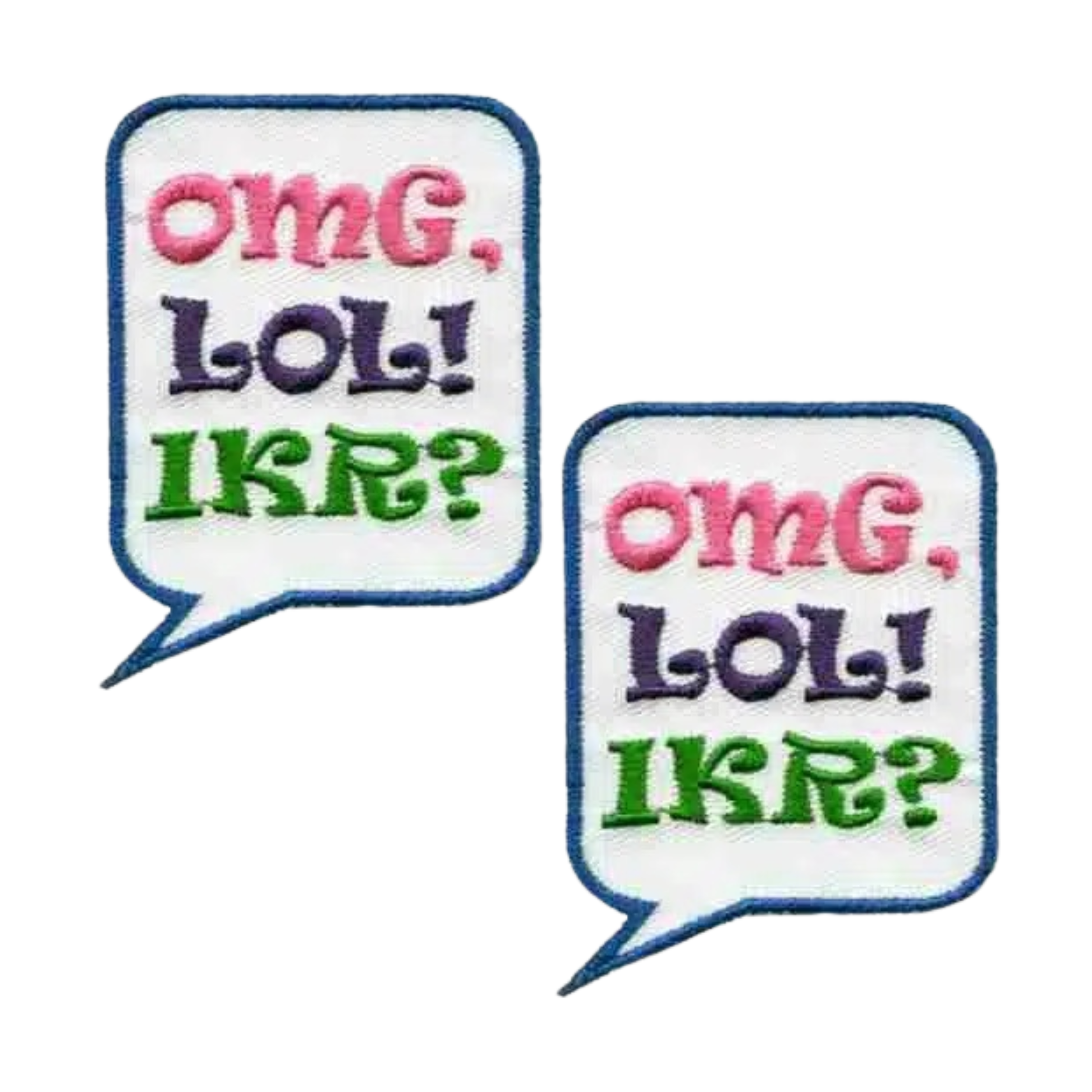 The Laughing Lizards Texting Friends (2-Pack) Iron on Patch features two colorful speech bubble patches with phrases “OMG, LOL! IKR?”—perfect DIY accessories for decorating bags, jackets, and more.