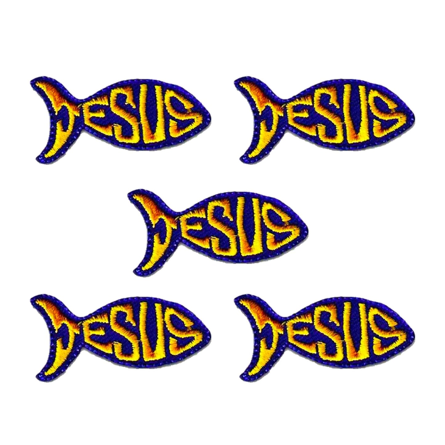 Four Jesus Fish Patches (5-Pack) Religious Iron On Patch Appliques with the word jesus on them.