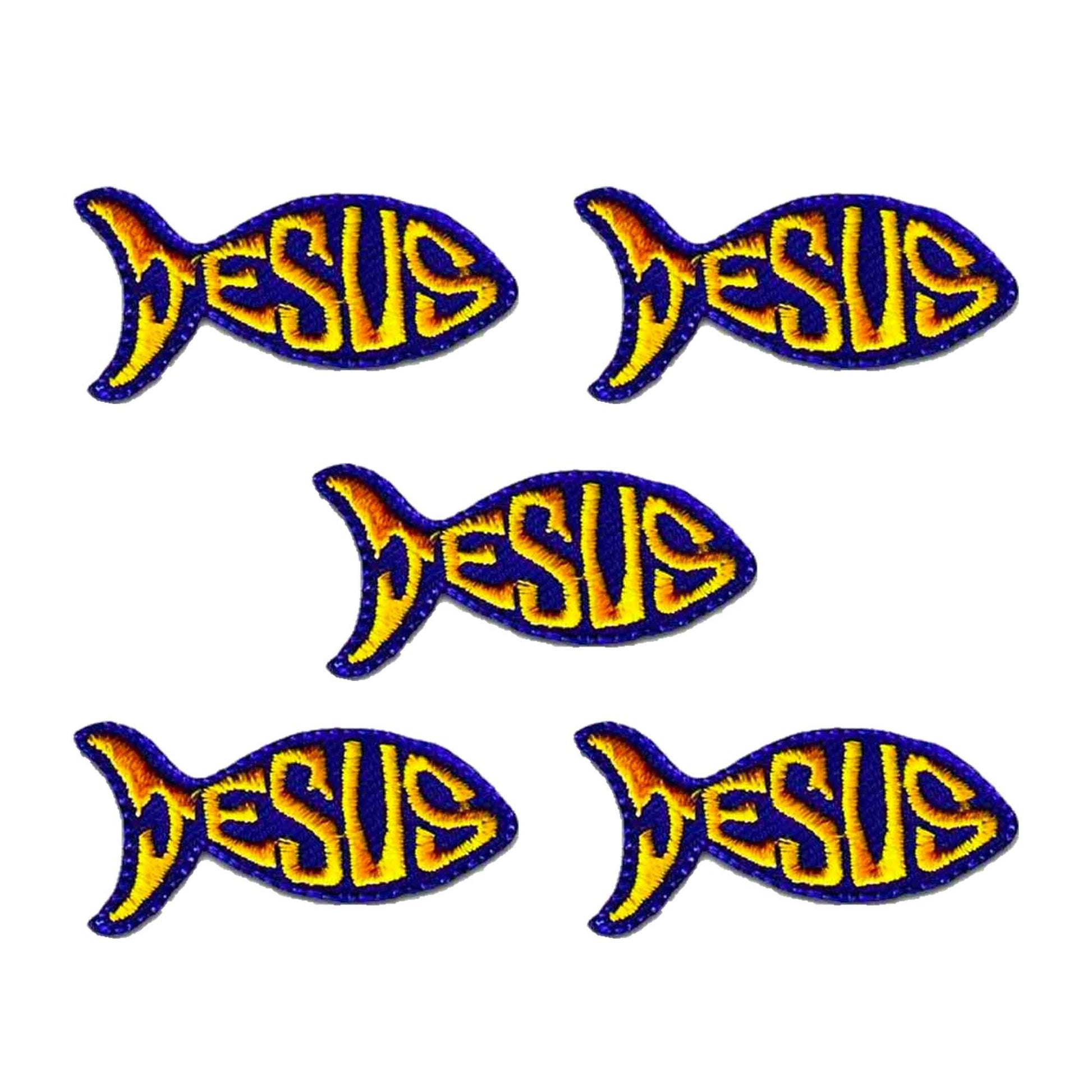 Four Jesus Fish Patches (5-Pack) Religious Iron On Patch Appliques with the word jesus on them.