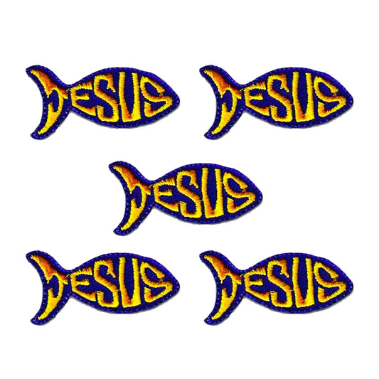Four Jesus Fish Patches (5-Pack) Religious Iron On Patch Appliques with the word jesus on them.