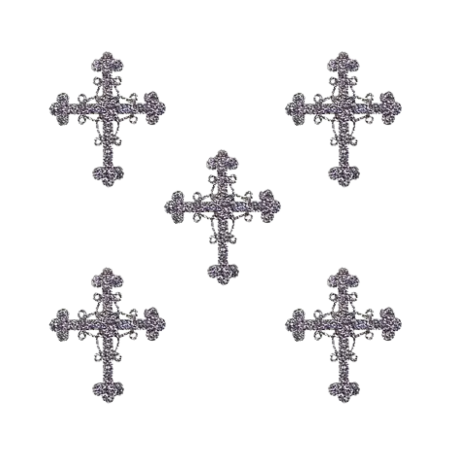 Five Glittering Silver Cross Religious Iron On Patches by Laughing Lizards (5-Pack) are arranged on a white background, evoking an elegant applique look perfect for gothic or religious designs.
