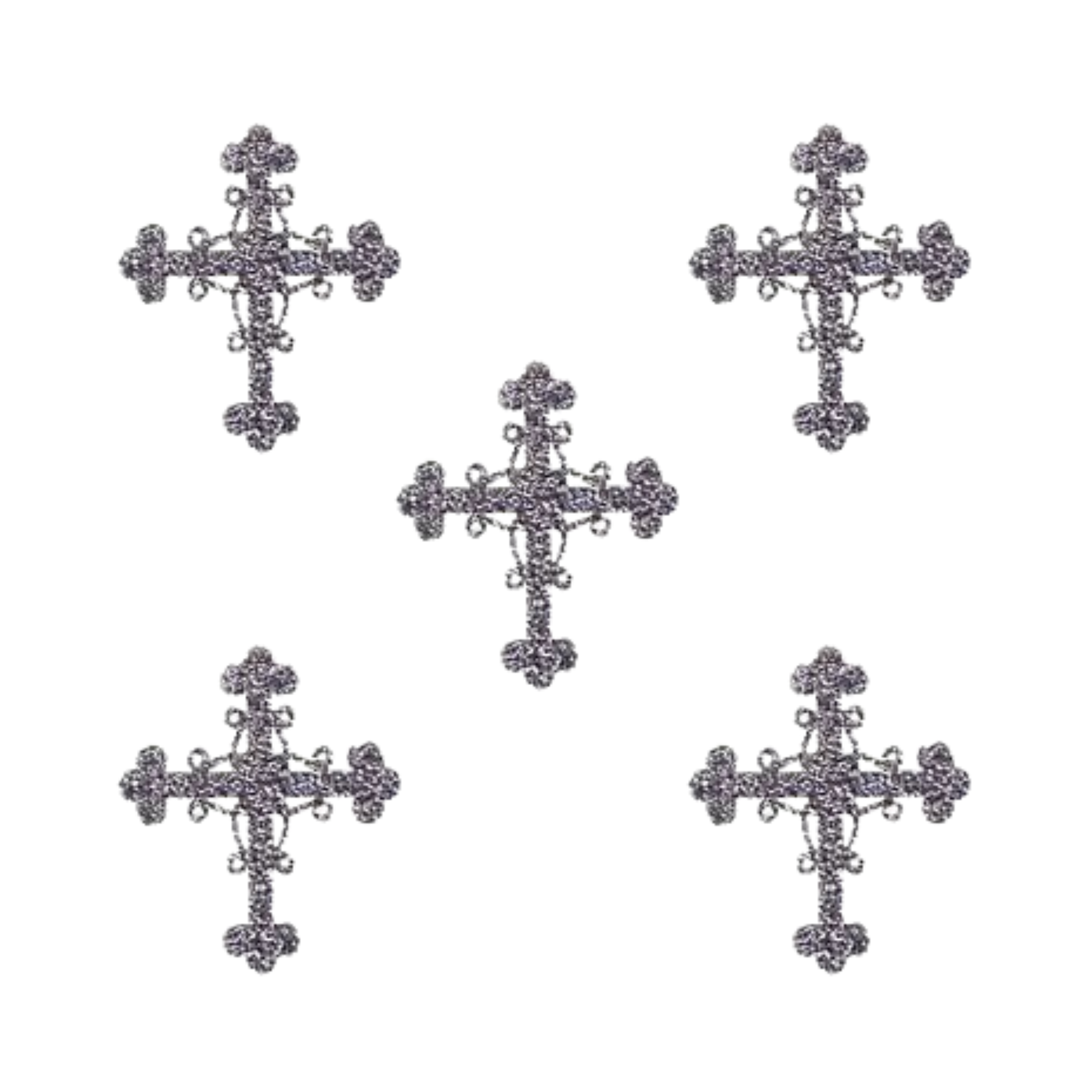 Five Glittering Silver Cross Religious Iron On Patches by Laughing Lizards (5-Pack) are arranged on a white background, evoking an elegant applique look perfect for gothic or religious designs.