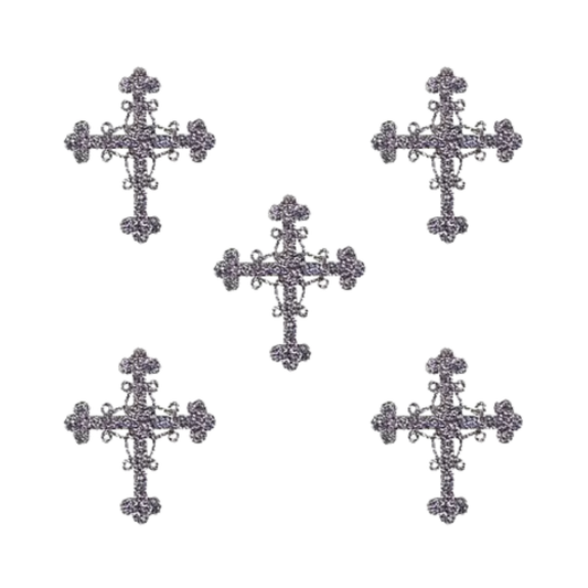 Five Glittering Silver Cross Religious Iron On Patches by Laughing Lizards (5-Pack) are arranged on a white background, evoking an elegant applique look perfect for gothic or religious designs.