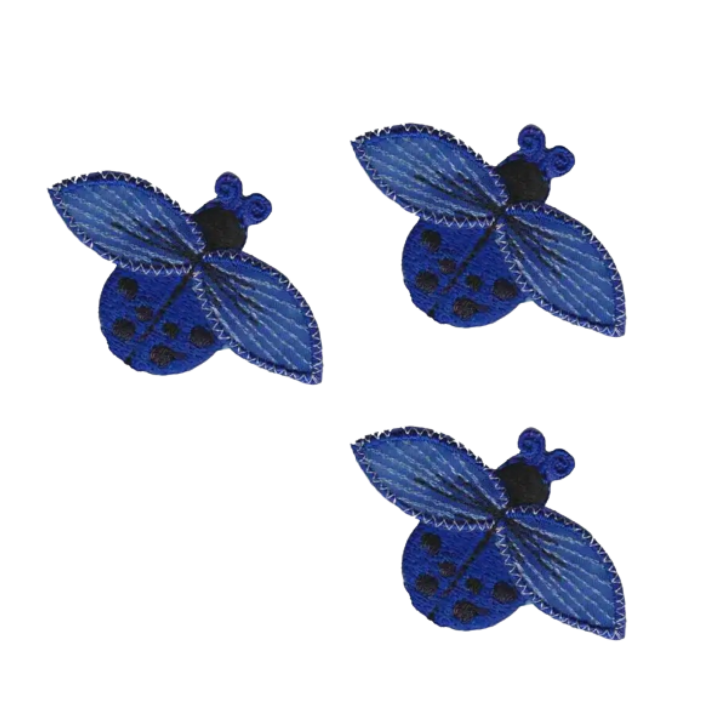 The Laughing Lizards Small Ladybug in NAVY BLUE (3-Pack) Iron On Patch set features embroidered navy ladybug patches on a white background—ideal for crafts or decorating your favorite items.