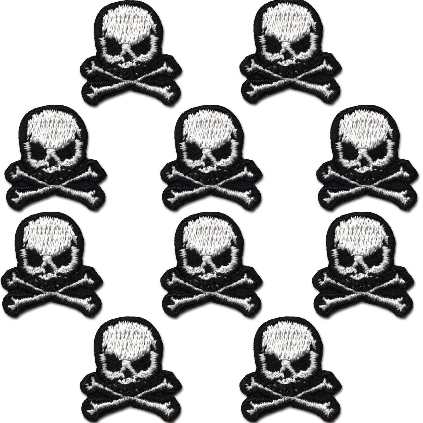 The Laughing Lizards Extra Small Skull (10 Pack) Halloween Embroidered Iron On Patches are perfect DIY accessories for customizing jackets, bags, or hats. Ten identical patches feature a skull and crossbones design on a white background.
