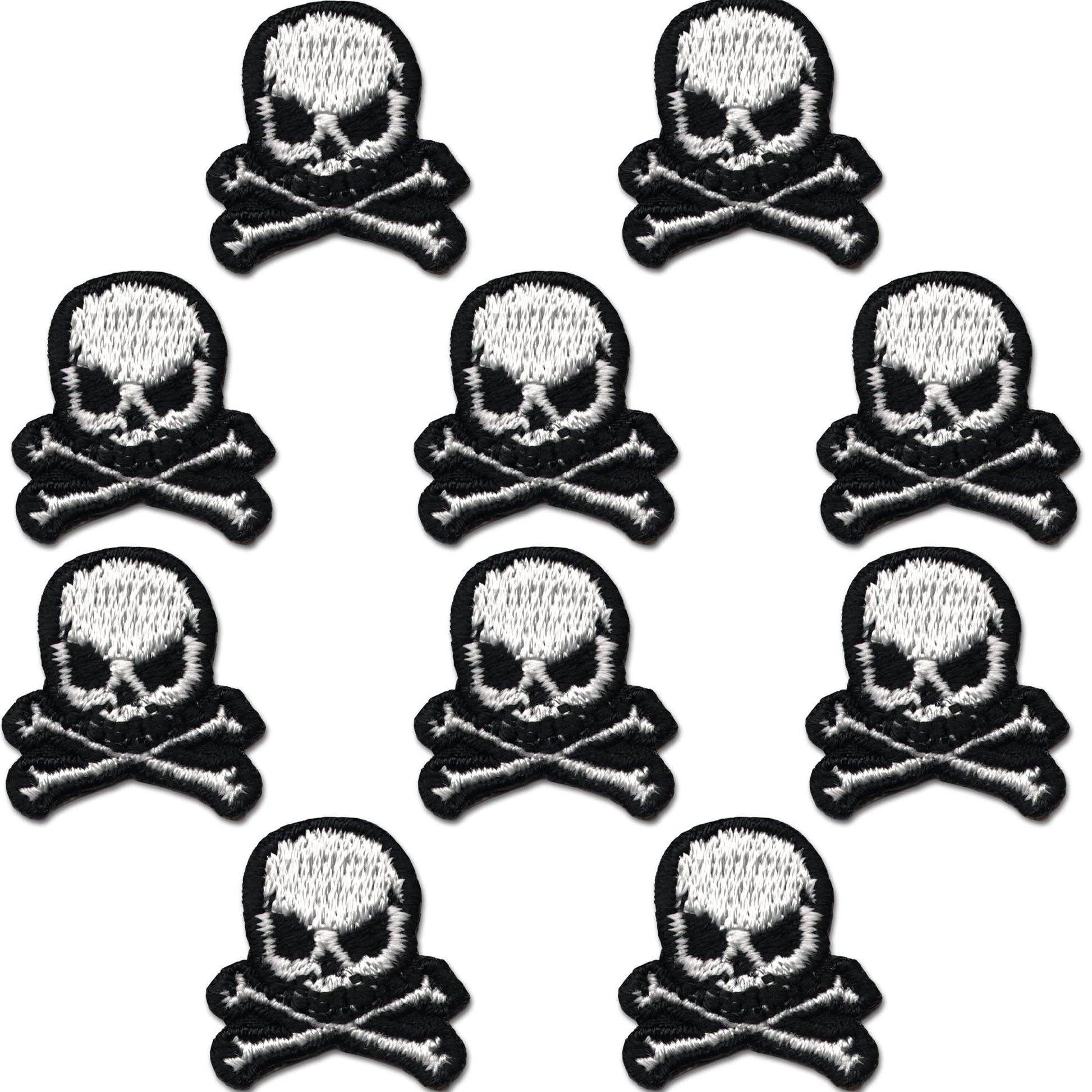The Laughing Lizards Extra Small Skull (10 Pack) Halloween Embroidered Iron On Patches are perfect DIY accessories for customizing jackets, bags, or hats. Ten identical patches feature a skull and crossbones design on a white background.