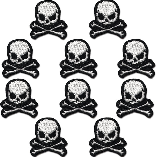 The Laughing Lizards Extra Small Skull (10 Pack) Halloween Embroidered Iron On Patches are perfect DIY accessories for customizing jackets, bags, or hats. Ten identical patches feature a skull and crossbones design on a white background.