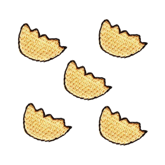 Five LaughingLizards Broken Half Chicken Egg Shell Patches (5-Pack) are displayed on a white background, each embroidered and easy to iron on.