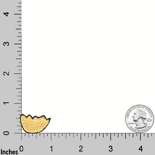 A LaughingLizards Broken Half Chicken Egg Shell Patch from the 5-pack is shown near the 1-inch mark on a ruler, with a U.S. quarter beside it for scale.