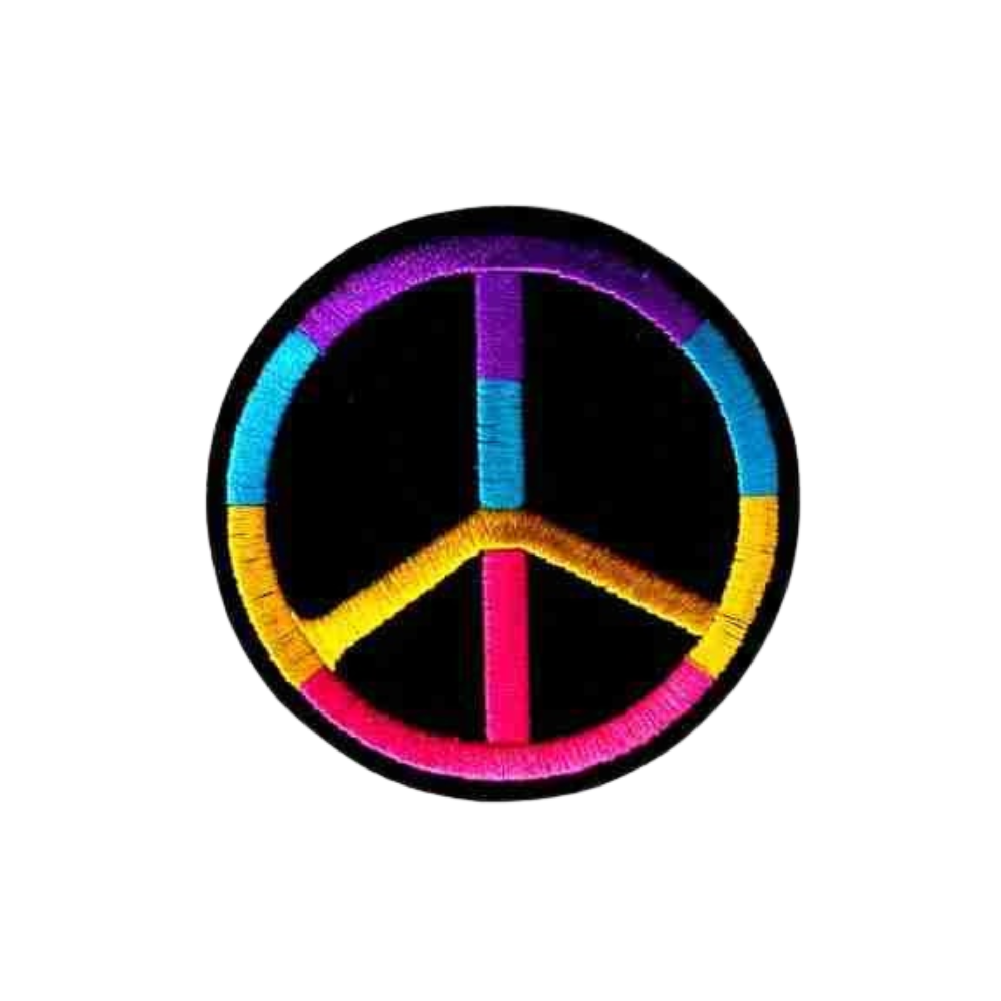 Add a colorful touch to any project with Laughing Lizards' Rainbow Peace Sign on Black Felt (2-Pack) Iron On Patch, featuring a vibrant blue, purple, pink, and yellow embroidered peace sign on a circular DIY accessory.