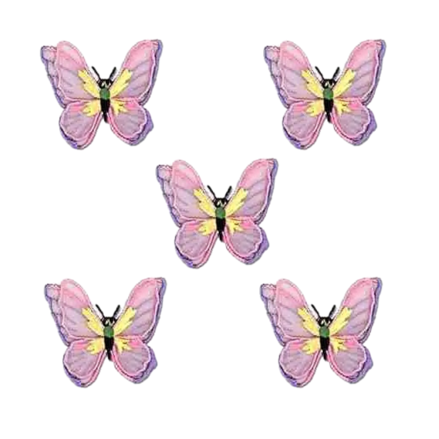 Add whimsical style to your jacket or bag with Laughing Lizards' Pink Lavender Chiffon Butterfly (5-Pack) Iron-on Patch—five charming embroidered butterflies in a V shape on white, ready to personalize your look.