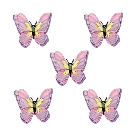 Add whimsical style to your jacket or bag with Laughing Lizards' Pink Lavender Chiffon Butterfly (5-Pack) Iron-on Patch—five charming embroidered butterflies in a V shape on white, ready to personalize your look.