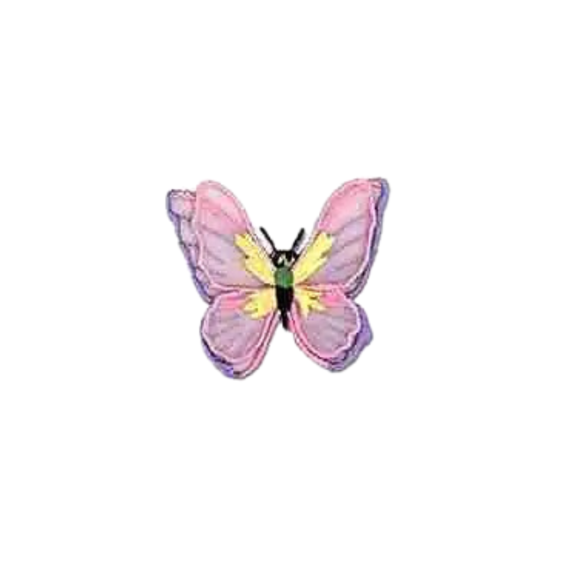 The Laughing Lizards Pink Lavender Chiffon Butterfly Iron-on Patch (5-Pack) features vibrant pink and purple wings with a yellow center—perfect for adding flair to jackets, bags, or hats.
