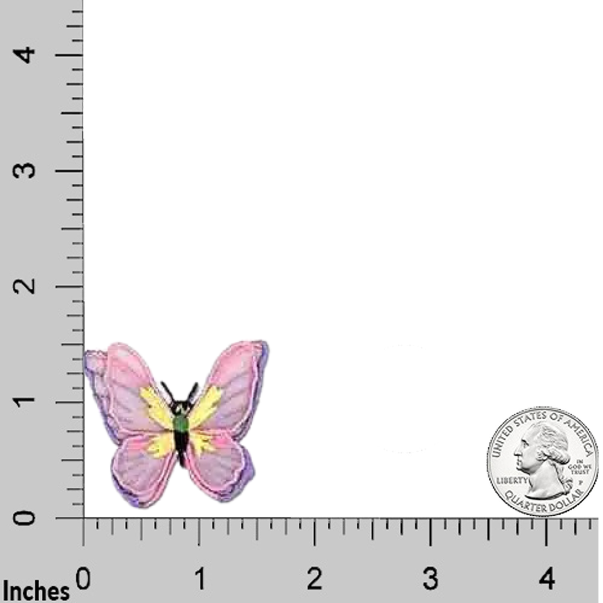 A Pink Lavender Chiffon Butterfly (5-Pack) Iron-on Patch by Laughing Lizards is shown beside a U.S. quarter on a grid marked with inch measurements along the sides.