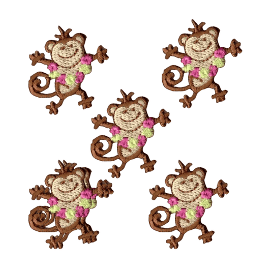 The LaughingLizards Dancing Monkey (5-Pack) Embroidered Animal Iron On Patch features playful monkeys with brown, pink, and green details—perfect for decorating kids' jeans or other clothing.